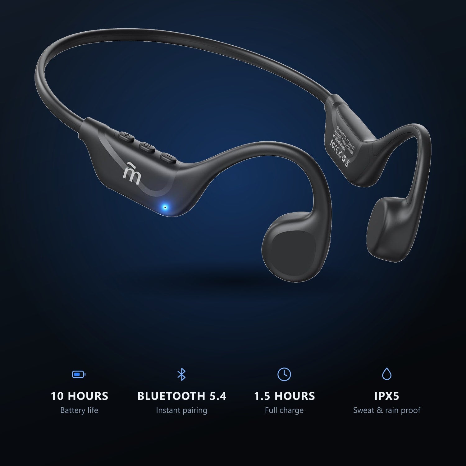 Windryft Aero open-ear bone conduction headphones with key specs: 10 hours of battery life, Bluetooth 5.4, 1.5 hour full charge and IPX5 sweat and rain resistance