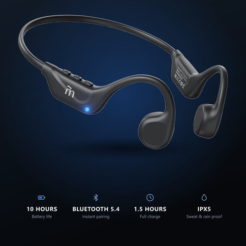 Windryft Aero open-ear bone conduction headphones with key specs: 10 hours of battery life, Bluetooth 5.4, 1.5 hour full charge and IPX5 sweat and rain resistance